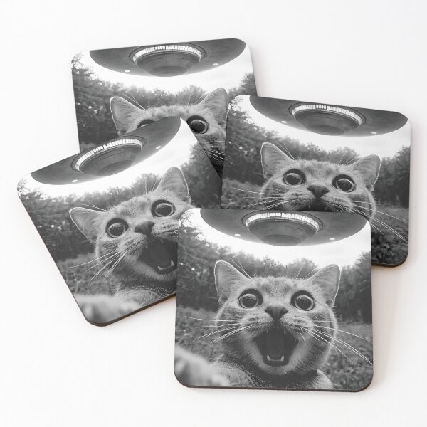 Item preview, Funny Surreal Worried Cat Taking A Selfie of UFO Alien Spacecraft Humorous Animals designed and sold by ManxCatAndy.