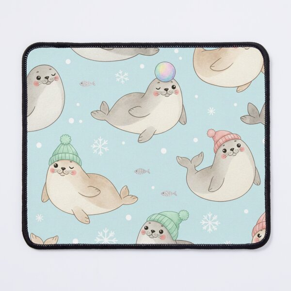 Item preview, Cute Winter Seals Seamless Pattern with Beanies and Bubbles designed and sold by Owcomm.