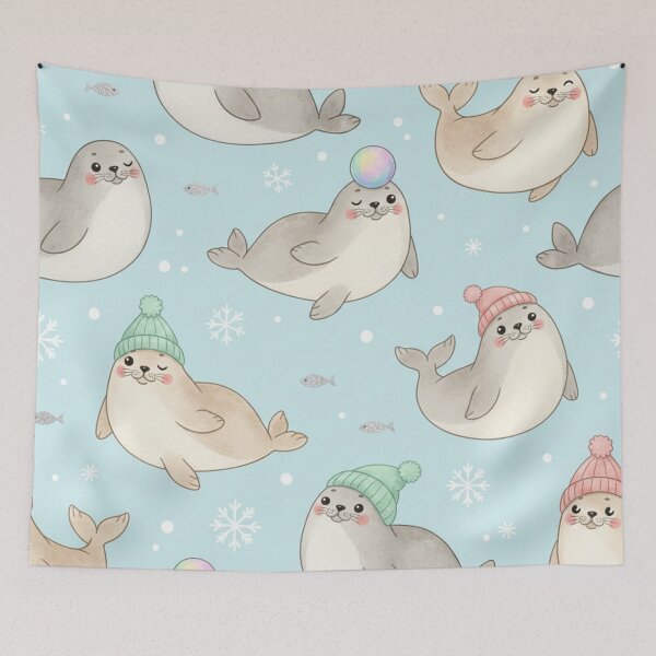 Item preview, Cute Winter Seals Seamless Pattern with Beanies and Bubbles designed and sold by Owcomm.