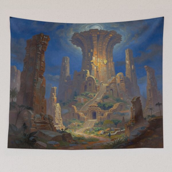 Item preview, Ancient mystical temple landscape with golden light and surreal monumental structures designed and sold by FotoworldEdel.