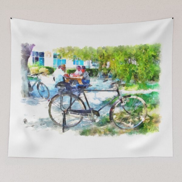 Item preview, Albania: bicycles with men sitting at the table in a Fier park designed and sold by Giuseppe Cocco.