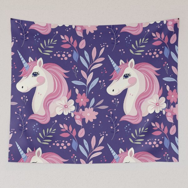 Item preview, Cute unicorn, picture book pattern, pink and purple colors, fantasy world, crystal horn. Seamless pattern designed and sold by Leylita Design.