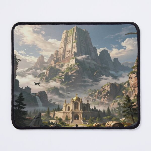 Item preview, Majestic fantasy mountain fortress with golden temple and mystical atmospheric landscape designed and sold by FotoworldEdel.