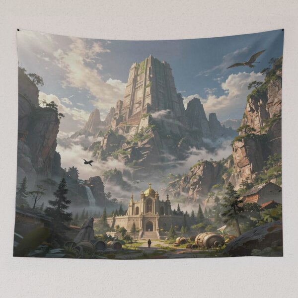 Item preview, Majestic fantasy mountain fortress with golden temple and mystical atmospheric landscape designed and sold by FotoworldEdel.