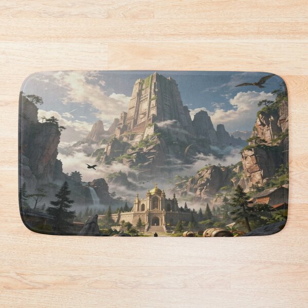 Item preview, Majestic fantasy mountain fortress with golden temple and mystical atmospheric landscape designed and sold by FotoworldEdel.