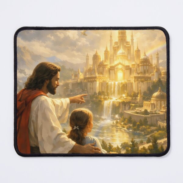Item preview, Jesus with Child in Heaven City | Christian Art Print | New Kingdom Landscape | Faith Inspirational Religious Painting | Heavenly Jerusalem Scene designed and sold by stylishdzign.