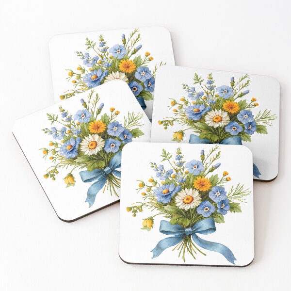 Item preview, Blue Flower Bouquet with White Daisy & Blue Ribbon - Fresh Spring Floral Art Print designed and sold by DesignArtist.ia.