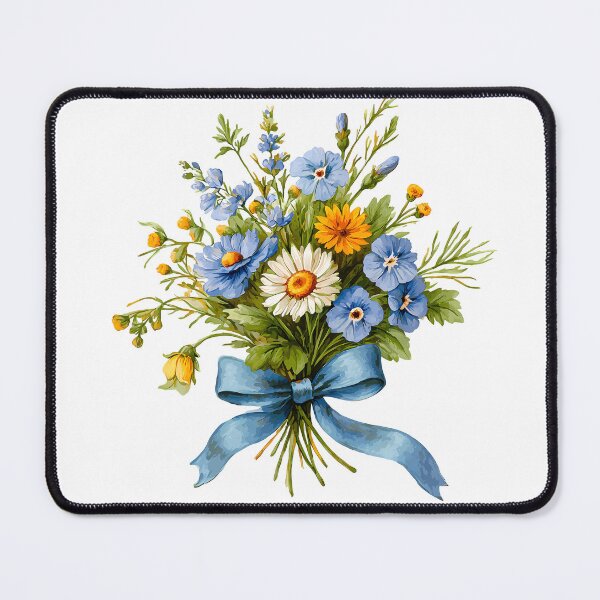 Item preview, Blue Flower Bouquet with White Daisy & Blue Ribbon - Fresh Spring Floral Art Print designed and sold by DesignArtist.ia.