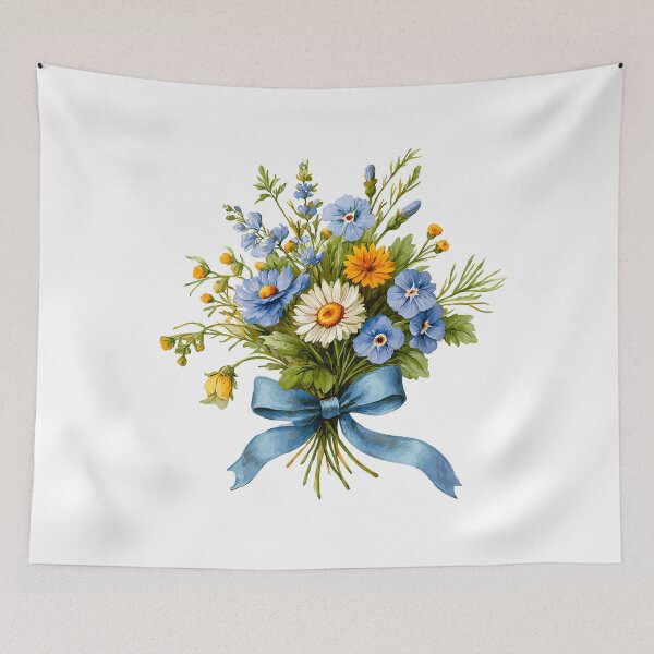 Item preview, Blue Flower Bouquet with White Daisy & Blue Ribbon - Fresh Spring Floral Art Print designed and sold by DesignArtist.ia.