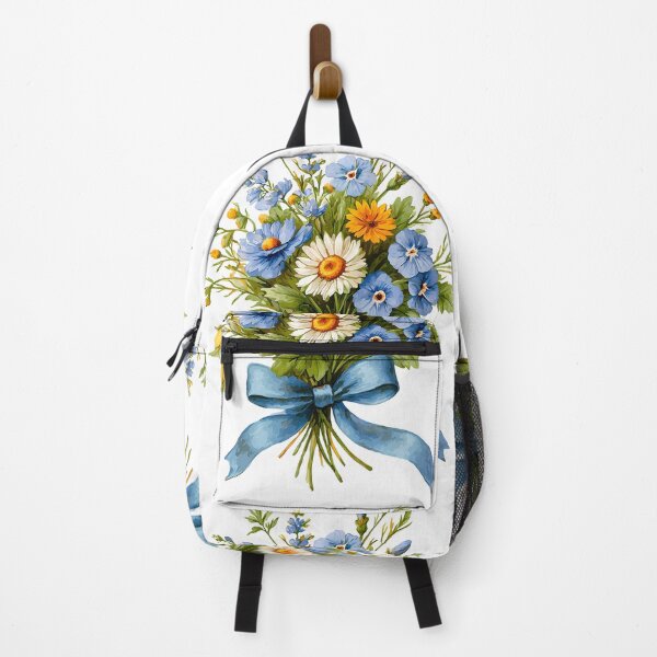 Item preview, Blue Flower Bouquet with White Daisy & Blue Ribbon - Fresh Spring Floral Art Print designed and sold by DesignArtist.ia.