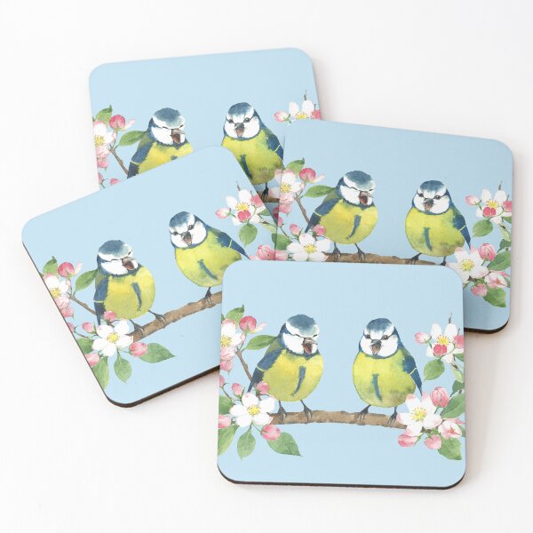 Item preview, Two happy blue tit friends sitting on branch with apple blossom designed and sold by InkColourbyRui.