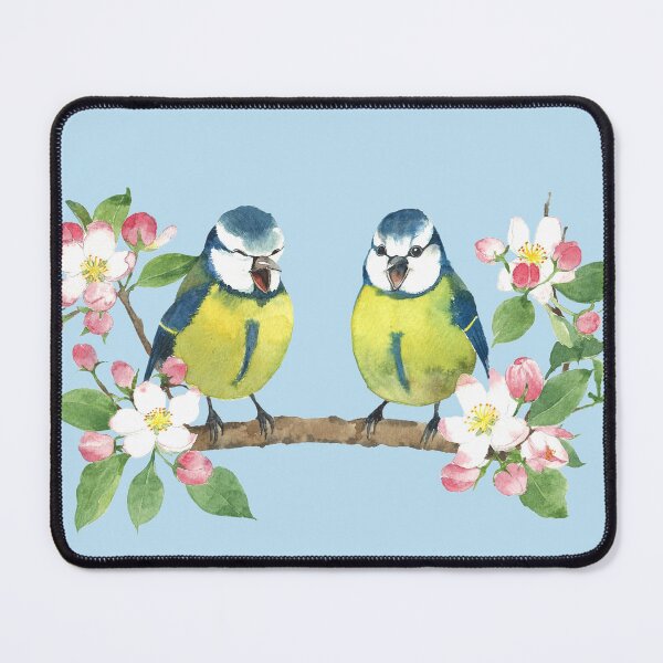 Item preview, Two happy blue tit friends sitting on branch with apple blossom designed and sold by InkColourbyRui.