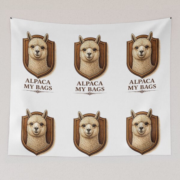 Artikelvorschau, Alpaca My Bags – Vintage-Illustration eines präparierten Alpakas mit Wortspiel entworfen und verkauft von Grand Illusions.