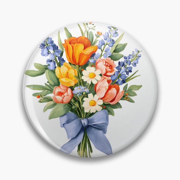 Item preview, Orange Tulip & Blue Delphinium Bouquet with Blue Ribbon - Vibrant Floral Art Print designed and sold by DesignArtist.ia.
