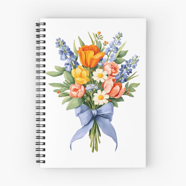 Item preview, Orange Tulip & Blue Delphinium Bouquet with Blue Ribbon - Vibrant Floral Art Print designed and sold by DesignArtist.ia.
