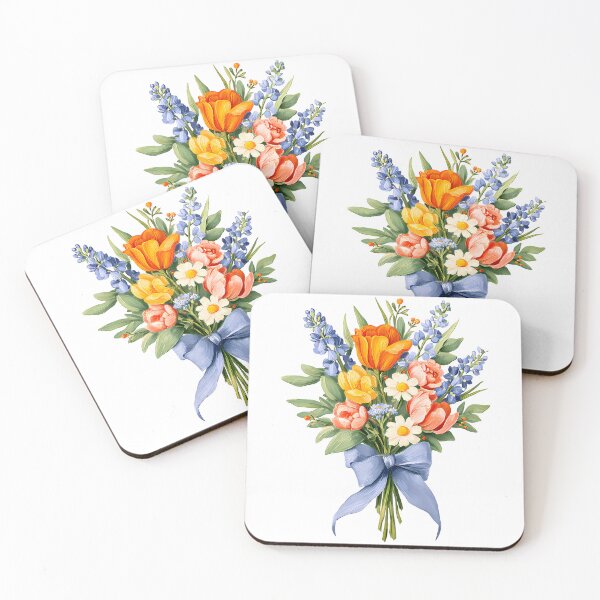 Item preview, Orange Tulip & Blue Delphinium Bouquet with Blue Ribbon - Vibrant Floral Art Print designed and sold by DesignArtist.ia.