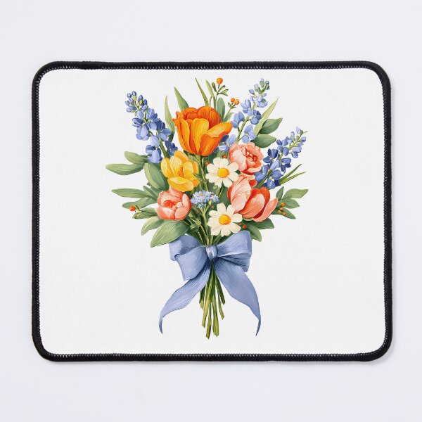 Item preview, Orange Tulip & Blue Delphinium Bouquet with Blue Ribbon - Vibrant Floral Art Print designed and sold by DesignArtist.ia.