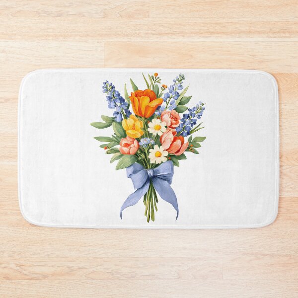 Item preview, Orange Tulip & Blue Delphinium Bouquet with Blue Ribbon - Vibrant Floral Art Print designed and sold by DesignArtist.ia.