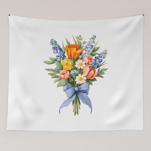 Item preview, Orange Tulip & Blue Delphinium Bouquet with Blue Ribbon - Vibrant Floral Art Print designed and sold by DesignArtist.ia.