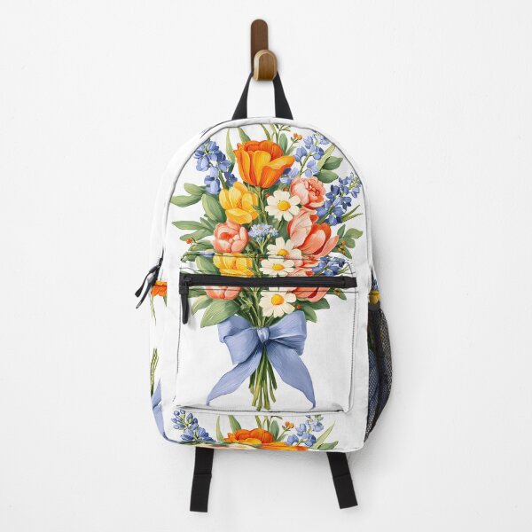 Item preview, Orange Tulip & Blue Delphinium Bouquet with Blue Ribbon - Vibrant Floral Art Print designed and sold by DesignArtist.ia.
