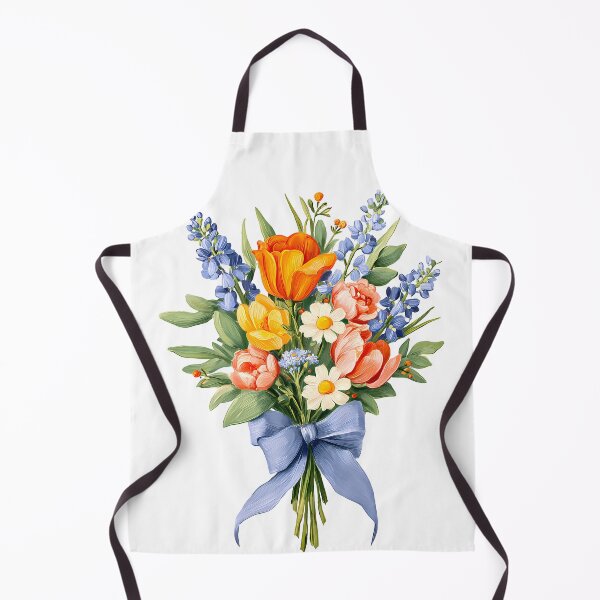 Item preview, Orange Tulip & Blue Delphinium Bouquet with Blue Ribbon - Vibrant Floral Art Print designed and sold by DesignArtist.ia.