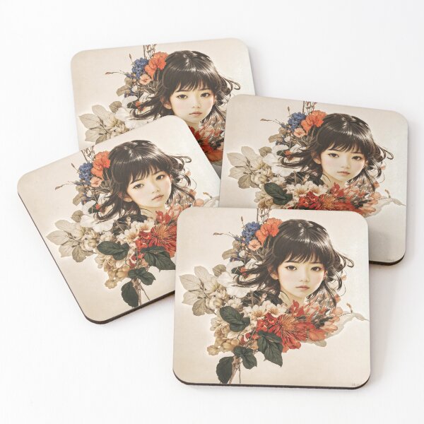 Item preview, Kawaii Asian Girl Portrait Vintage Pressed Flowers Art Print designed and sold by UBIK-ART.