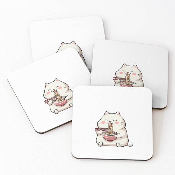 Item preview, Kawaii White Cat Sitting Comfortably and Enjoying a Bowl of Delicious Ramen Noodles designed and sold by khemjiraphoto.