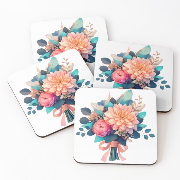 Item preview, Peach Dahlia & Pink Peony Bouquet with Teal Foliage - Elegant Floral Art Print designed and sold by DesignArtist.ia.