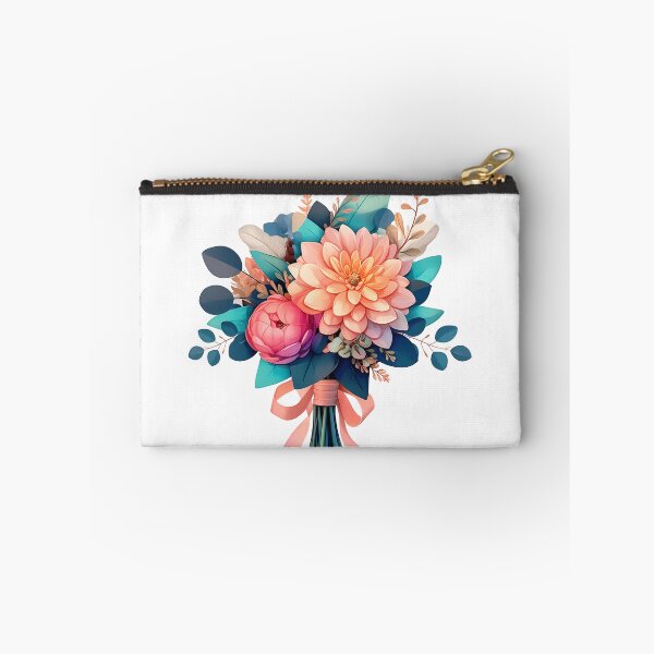 Item preview, Peach Dahlia & Pink Peony Bouquet with Teal Foliage - Elegant Floral Art Print designed and sold by DesignArtist.ia.
