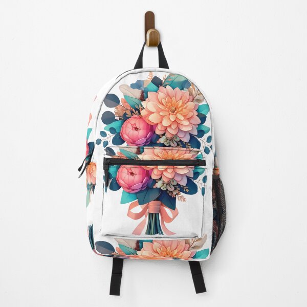 Item preview, Peach Dahlia & Pink Peony Bouquet with Teal Foliage - Elegant Floral Art Print designed and sold by DesignArtist.ia.