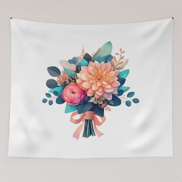 Item preview, Peach Dahlia & Pink Peony Bouquet with Teal Foliage - Elegant Floral Art Print designed and sold by DesignArtist.ia.