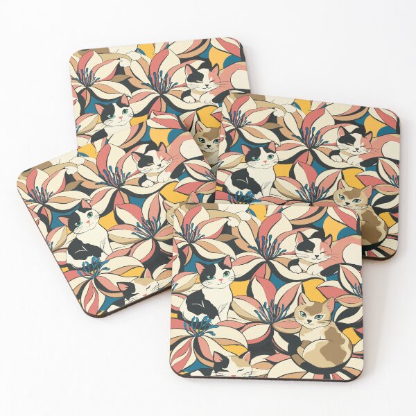Artikelvorschau, Niedliches Katzen- und Blumenmuster (nahtlos) | Kawaii-Katzen-Lilien-Blumen-Wiederholungsdruck entworfen und verkauft von MonNoir.