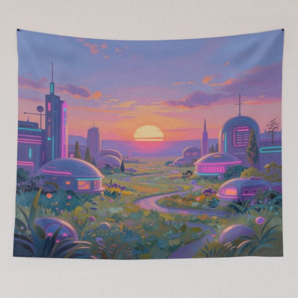 Item preview, Futuristic Sunset City inspired by Alfred Sisley – Neon Light & Dreamy Atmosphere  designed and sold by FotoworldEdel.