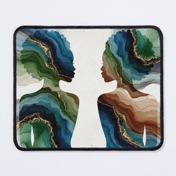 Item preview, Two Souls, One Spirit — Mirror Silhouette Black Women Art Print | Fluid Ink Gemini Poster | Teal Gold Abstract Wall Decor designed and sold by nancysdaughter.