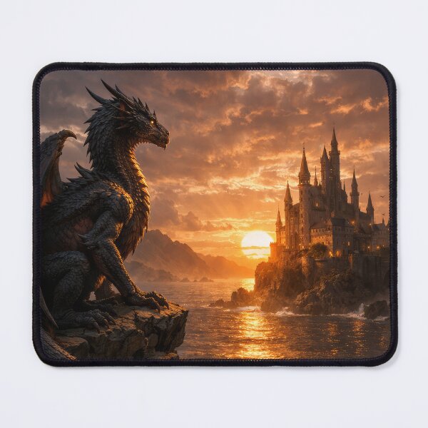 Item preview, Epic Dragon Watching Castle at Sunset | Fantasy Landscape Art designed and sold by DrakariArt.