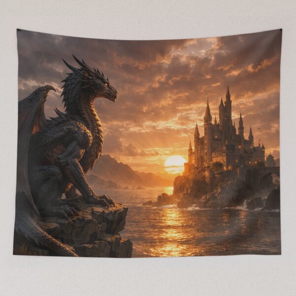 Item preview, Epic Dragon Watching Castle at Sunset | Fantasy Landscape Art designed and sold by DrakariArt.