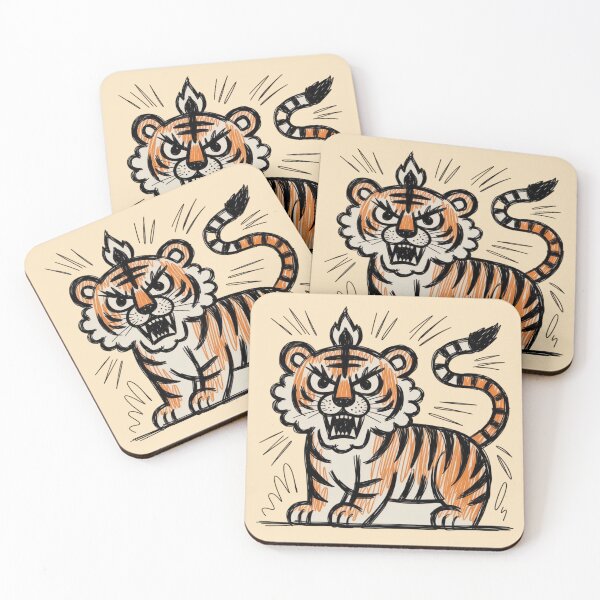 Item preview, angry tiger inspired by retro Thanka style as a crude, naive doodle using a single fine-tip felt pen designed and sold by 123ks.