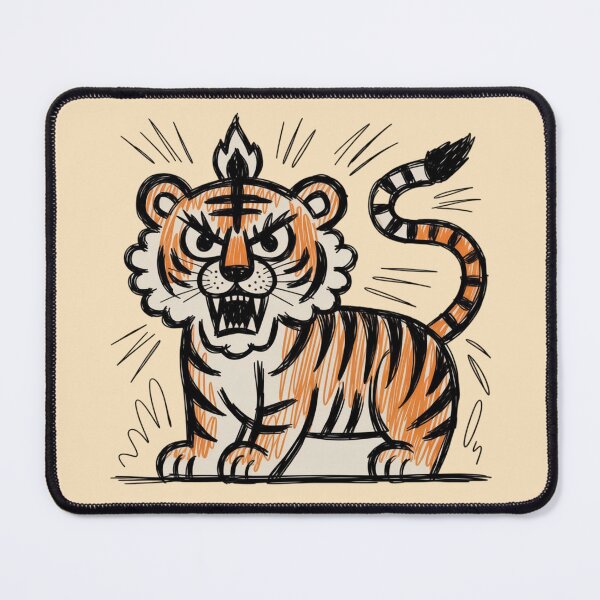 Item preview, angry tiger inspired by retro Thanka style as a crude, naive doodle using a single fine-tip felt pen designed and sold by 123ks.