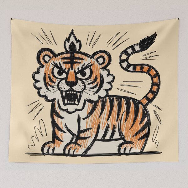 Item preview, angry tiger inspired by retro Thanka style as a crude, naive doodle using a single fine-tip felt pen designed and sold by 123ks.