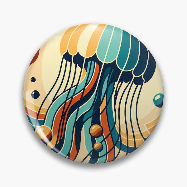 Item preview, Retro jellyfish over stylised ocean waves designed and sold by InkSmithery.