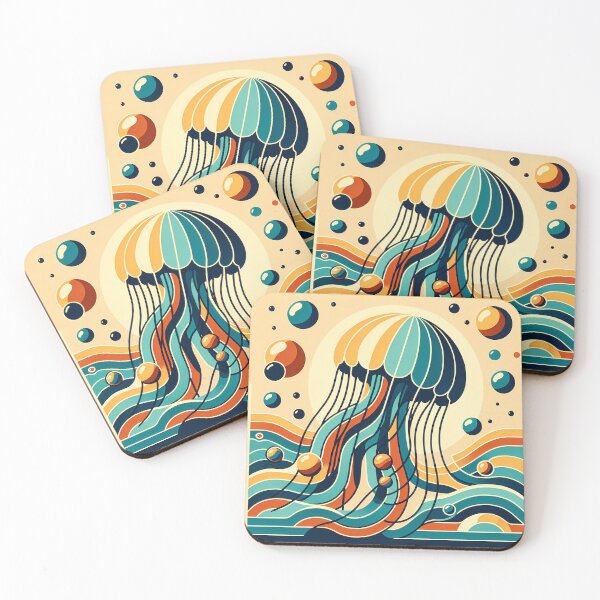 Item preview, Retro jellyfish over stylised ocean waves designed and sold by InkSmithery.