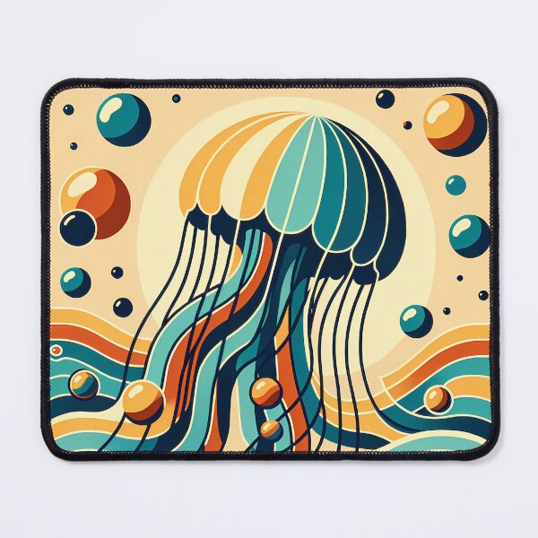 Item preview, Retro jellyfish over stylised ocean waves designed and sold by InkSmithery.