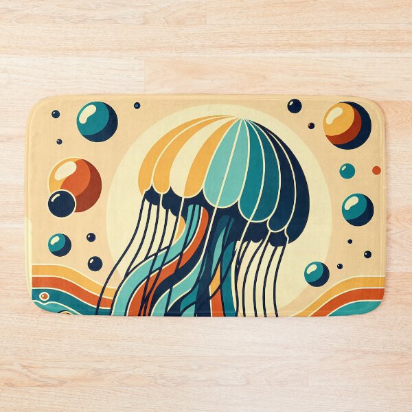 Item preview, Retro jellyfish over stylised ocean waves designed and sold by InkSmithery.