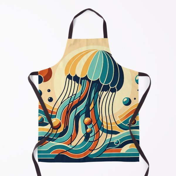 Item preview, Retro jellyfish over stylised ocean waves designed and sold by InkSmithery.