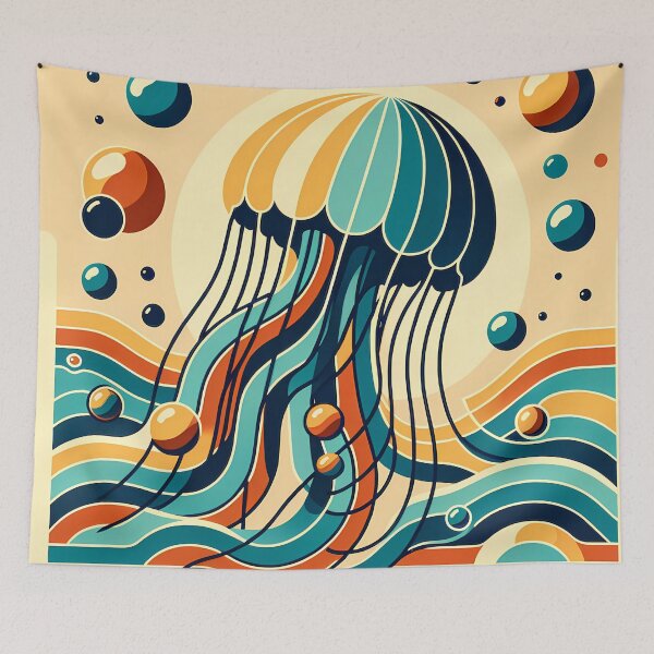 Item preview, Retro jellyfish over stylised ocean waves designed and sold by InkSmithery.