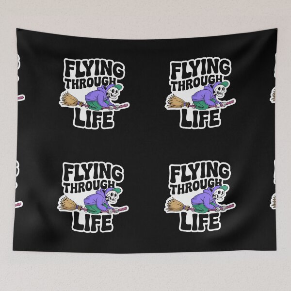 Item preview, Flying Through Life Skeleton on Broom – Funny Spooky Halloween T-Shirt designed and sold by Raw Tigers.