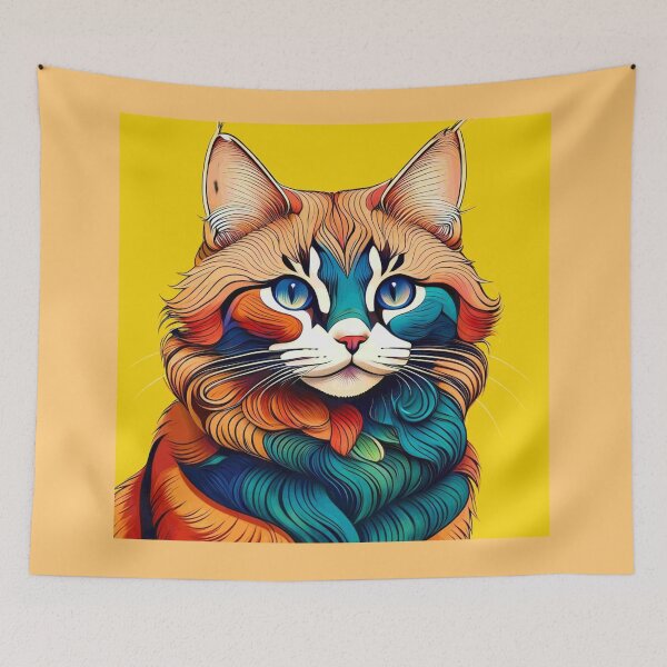 Item preview, Colorful Cat Portrait – Vibrant Psychedelic Kitty with Yellow Background designed and sold by MarZeDesigns .
