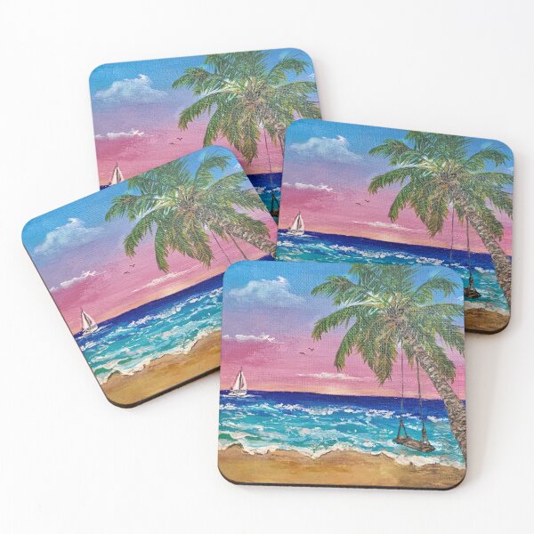 Item preview, Tropical Sunset Dream – Palm Tree Swing & Sailboat Seascape designed and sold by hopenoli_art.