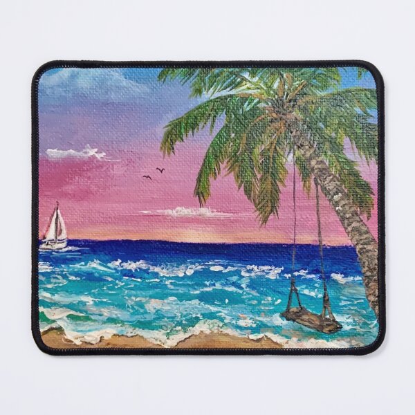Item preview, Tropical Sunset Dream – Palm Tree Swing & Sailboat Seascape designed and sold by hopenoli_art.