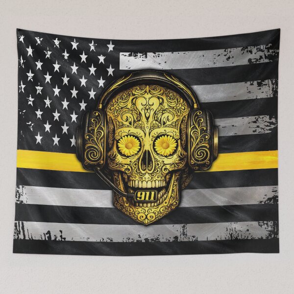 Item preview, 911 Dispatcher Sugar Skull – Thin Gold Line American Flag Design designed and sold by artistwill.